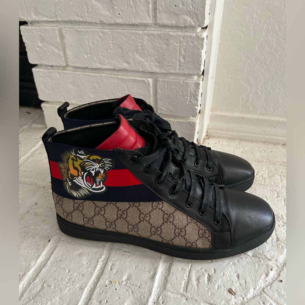Gucci Black and Red High-Top Sneakers with GG Tiger Detail